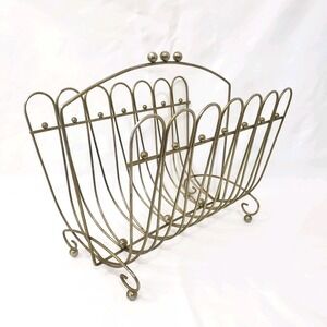 MCM Mid Century Modern Magazine Rack Vintage Mod Brass Gold Atomic Ball Design